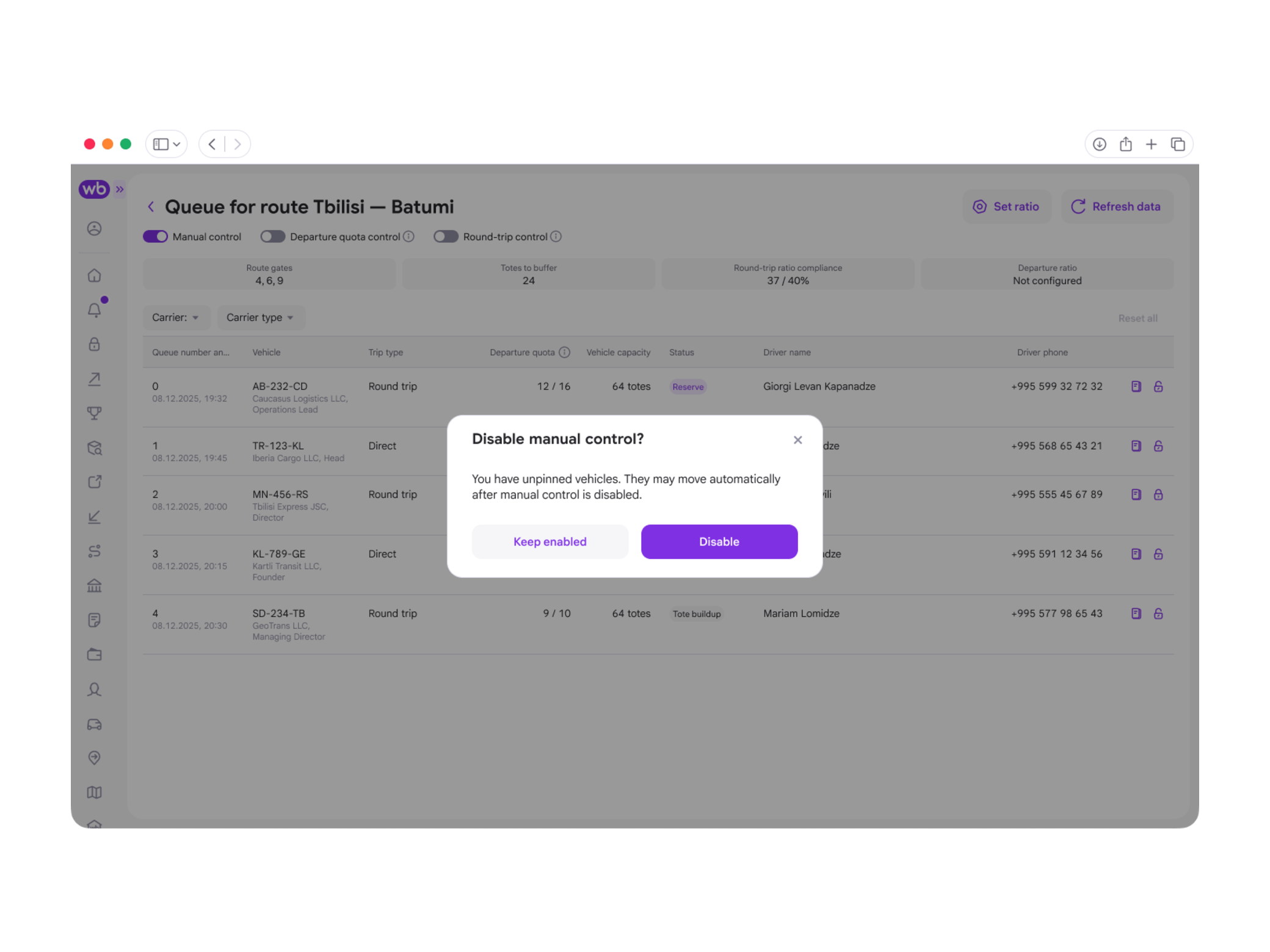 Confirmation explaining what happens to unpinned vehicles when manual control is disabled