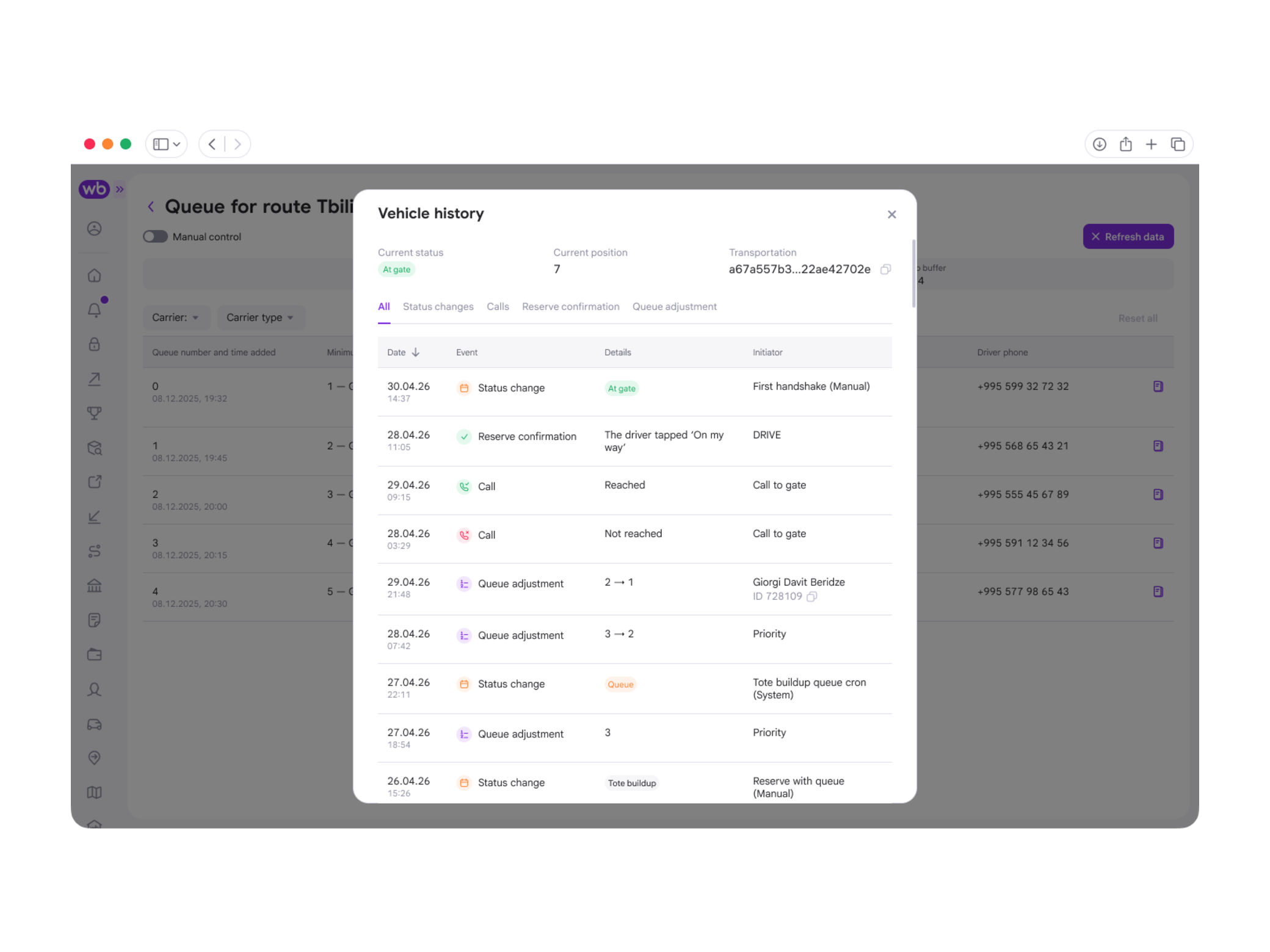 Vehicle history with status changes, calls, confirmations, queue adjustments, and initiators