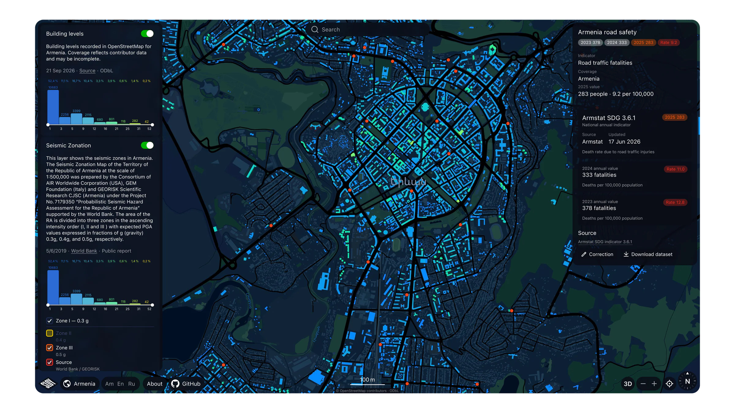 Sloy desktop map with configurable data layers, road-safety indicators, and object details