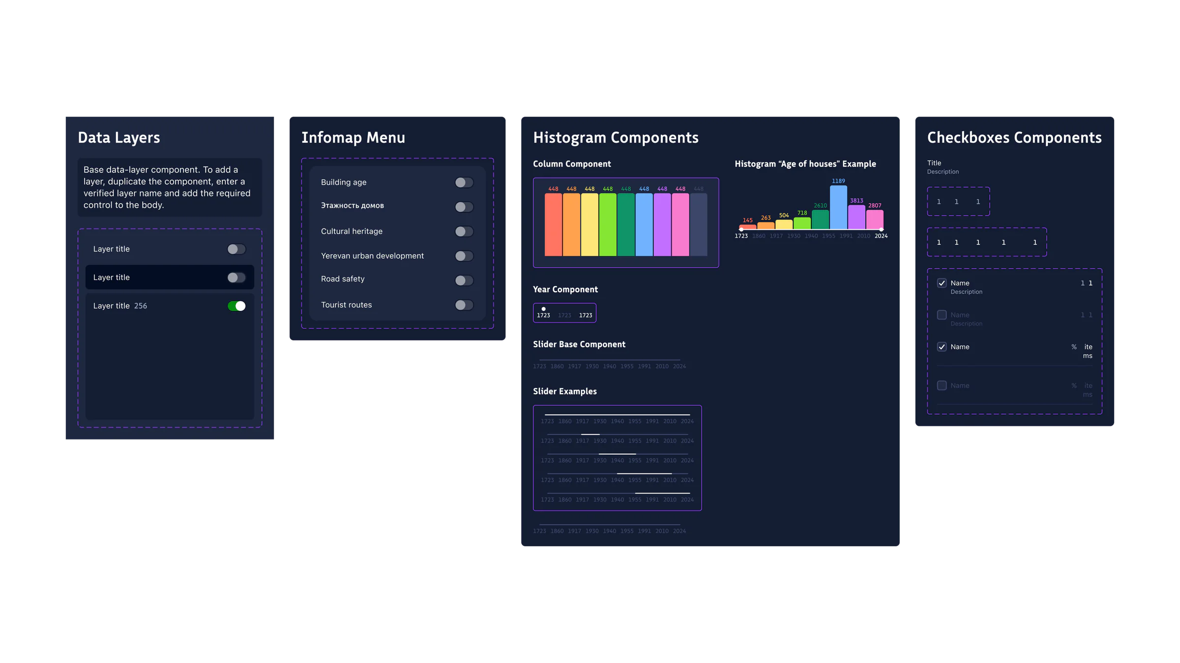 Design-system specifications for data layers, histograms, sliders, and checkboxes