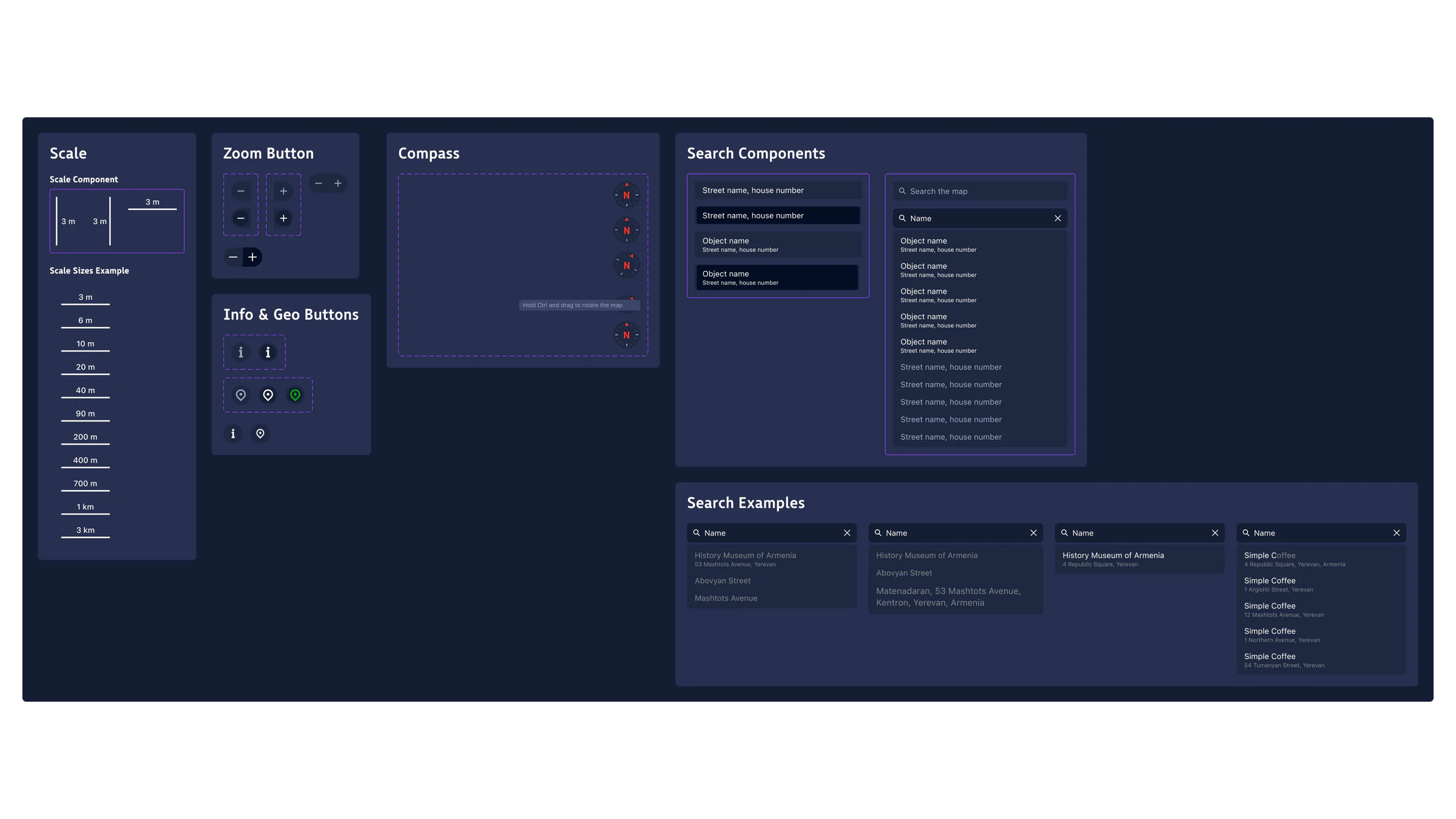Design-system specifications for map scale, zoom, compass, geolocation, and search controls
