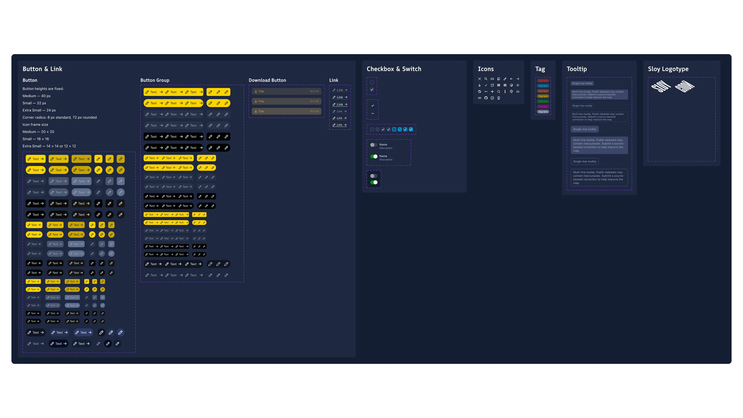 Reusable buttons, links, switches, icons, tags, tooltips, and Sloy identity assets