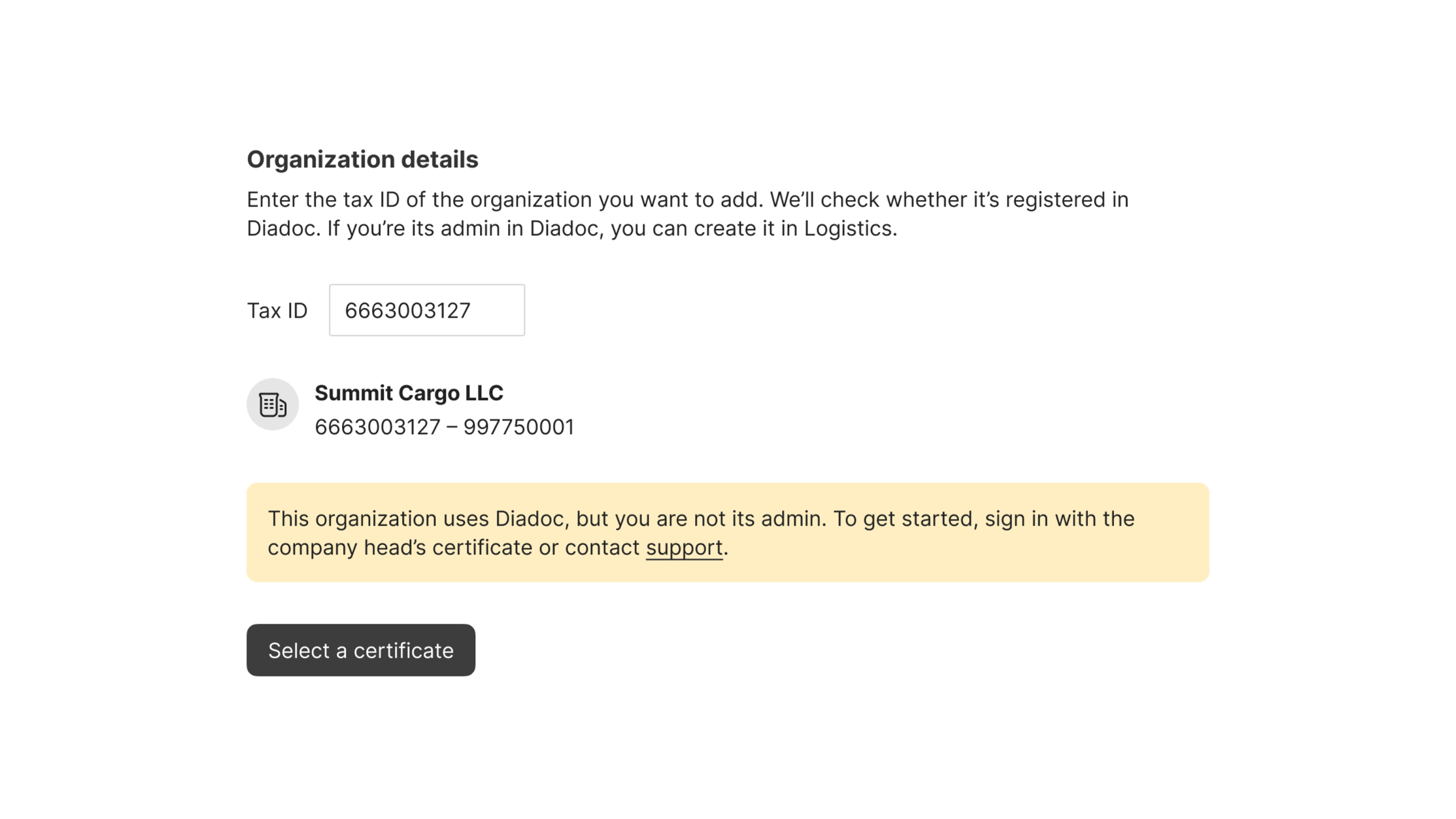 Warning that the user is not a Diadoc admin, with a certificate alternative