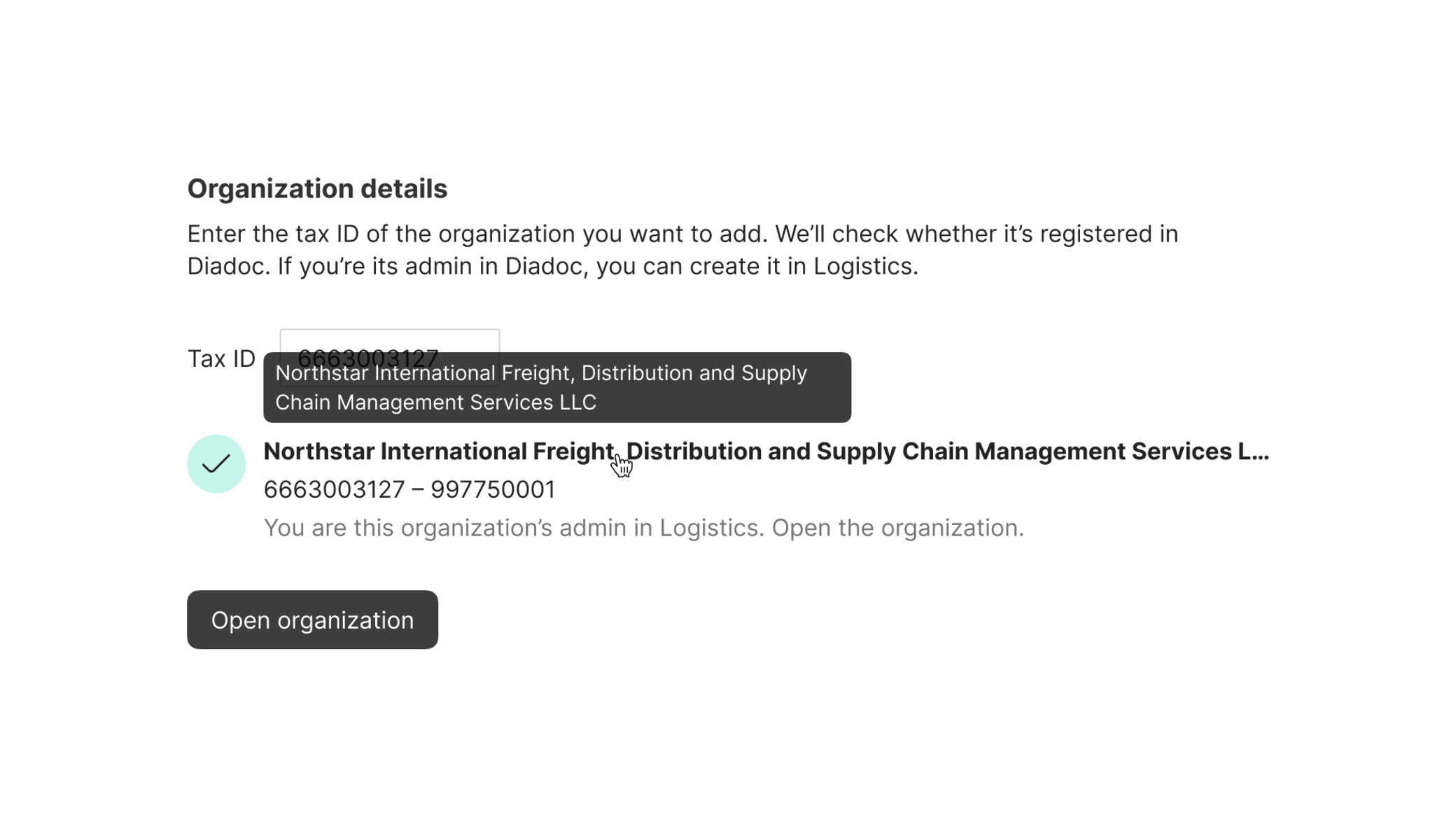 Truncated organization name with its full name visible in a tooltip