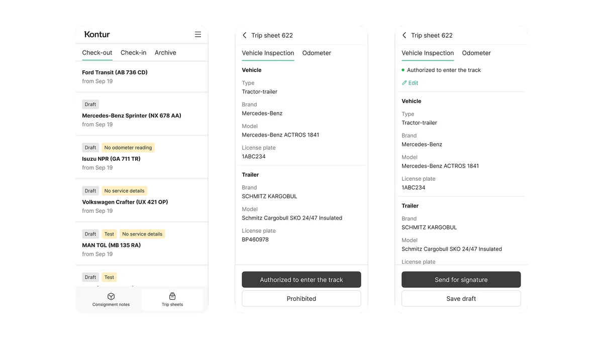 Mobile waybill screens for vehicle inspection, odometer entry, and draft signing