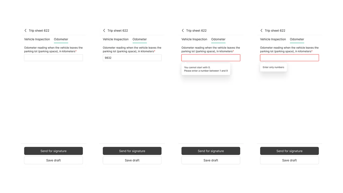 Odometer entry flow with mileage context and validation