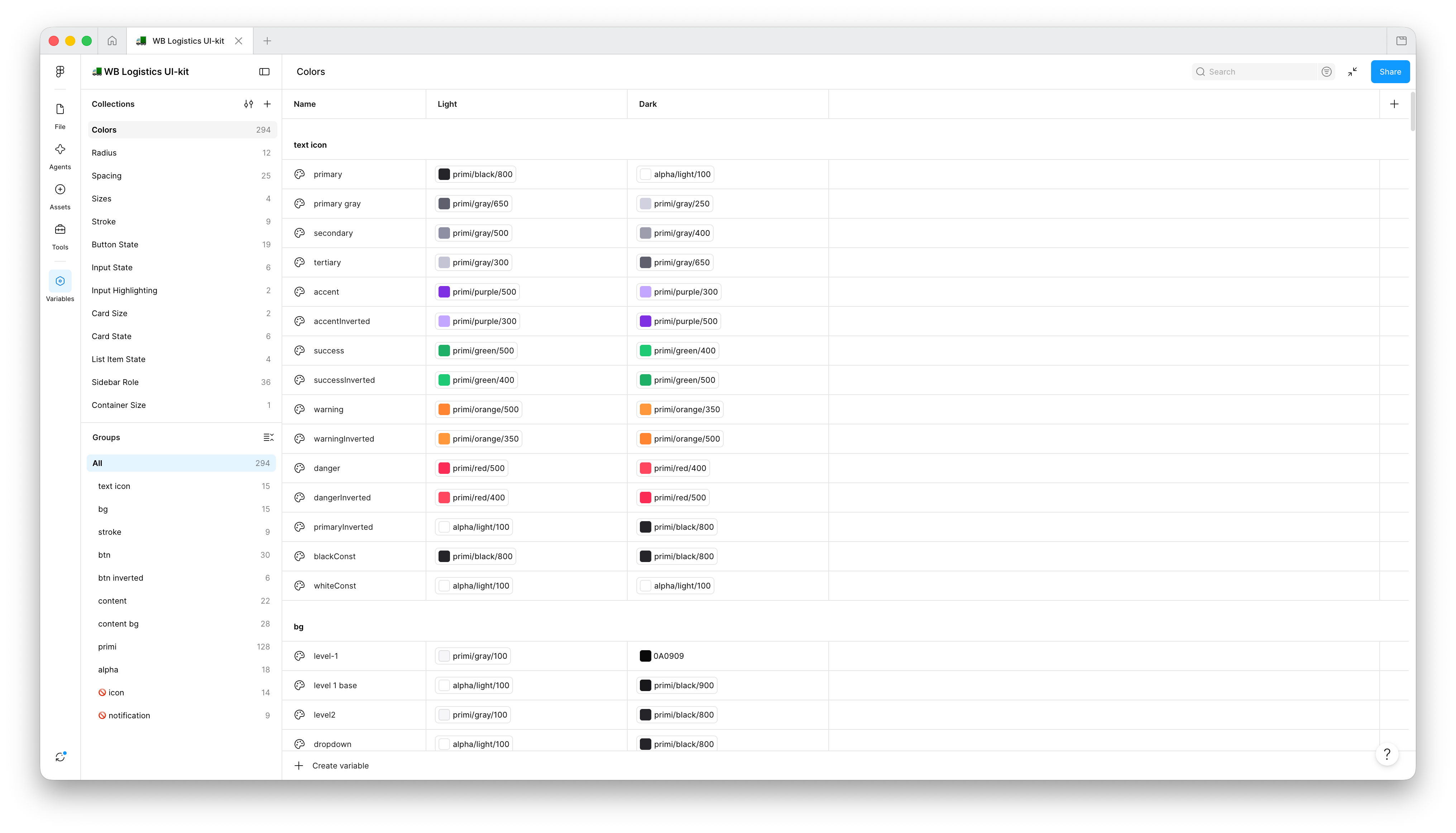 WB Logistics color variables in Figma with Light and Dark values